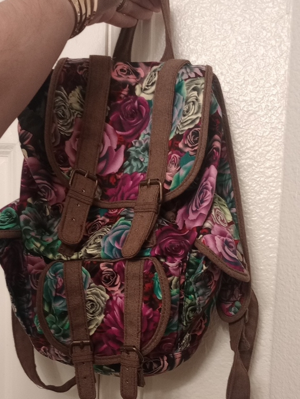 Mossimo Supply Co. Multicolor Rose Print Backpack with Brown Trim